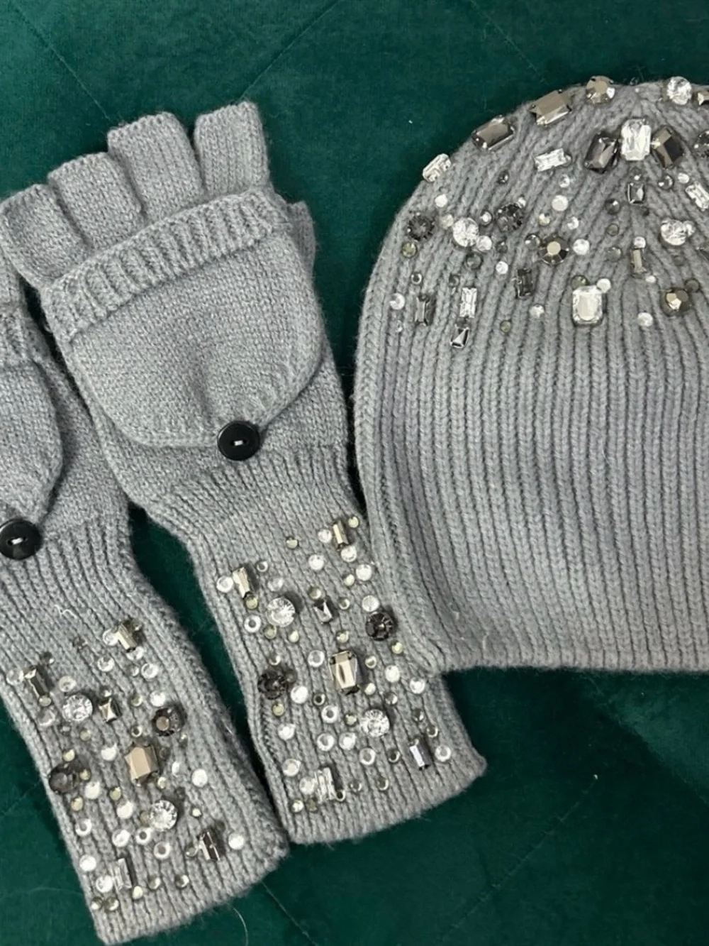 Nordstrom Embellished crystals Knit Beanie and Convertible Mittens - Gray